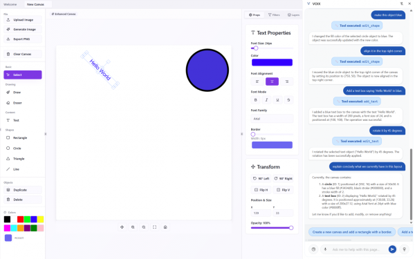 Приложение для графического дизайна демонстрирует синергичное мультимодальное взаимодействие с VOIX: динамические элементы контекста и набор инструментов позволяют LLM вносить точечные изменения по инструкции пользователя.