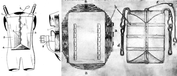 Котельников назвал РК-3 «Прозлетом». На иллюстрации: а) — 4 клапана, удерживающих купол, b) — резинки, собирающие клапаны «гармошкой», c) — тросовая шпилька, раскрывающая клапаны, d) — амортизатора, e) — кольцо для раскрытия