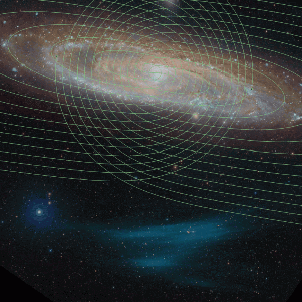 Рис. 18. Модель галактики M31 Андромеда и Кислородное облако Андромеды. Совмещение со спиралью спутника СМЧД Z4. Мигающая звездочка слева - это артефакт сжатия gif. Рис. 18. Модель галактики M31 Андромеда и Кислородное облако Андромеды. Совмещение со спиралью спутника СМЧД Z4. Мигающая звездочка слева - это артефакт сжатия gif.