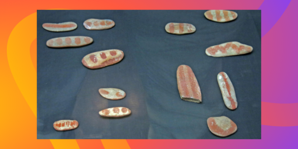 Галька, раскрашенная абстрактными декоративными рисунками,  обнаруженная в пещере Мас-д’Азиль во французских Пиренеях – прототип первого «алфавита»  Источник: сайт Tripadvisor — раздел "Арьеж: Гроты и пещеры", где указано, что раскрашенные азильские гальки хранятся в музее деревни Мас-д’Азиль. URL: https://www.tripadvisor.ru/Attractions-g1577394-Activities-c57-t54-Ariege_Occitanie.html  (дата обращения: 06.10.2025). 