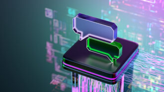 иллюстрация, на которой изображены две речевые пузыри, плавающие в передней части по схеме, похожей на motherborad схемотехника