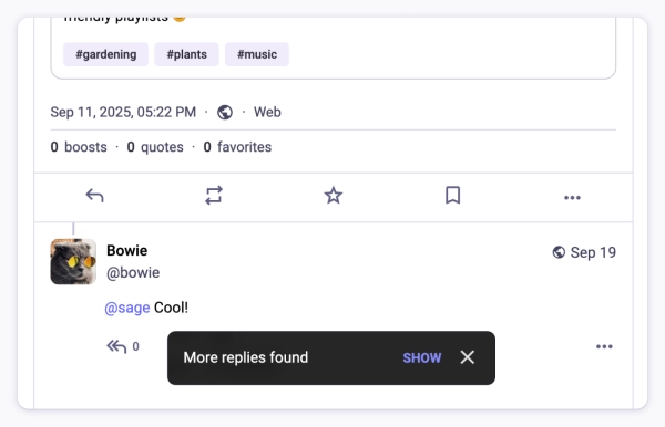 Новости Mastodon: последнее обновление программного обеспечения теперь позволяет всем операторам серверов публиковать цитаты 3 снимок экрана, показывающий «найдены дополнительные ответы» в ответ на публикацию с цитатой.