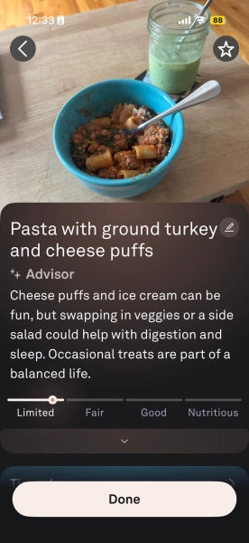 Крупный план анализа Oura Advisor для миски пасты