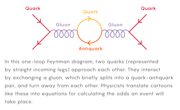 Иллюстрация однопетлевой диаграммы Фейнмана, представляющая столкновение частиц между двумя кварками.