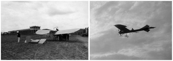 Слева — один из самолетов-монопланов Blériot XI готовится ко взлету. Справа — успешный полет французского самолета — по некоторым данным, шоу за неделю посетило свыше 500 тысяч человек