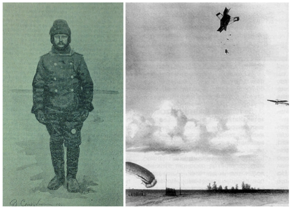 Слева — Мациевич в летном костюме накануне трагедии. Справа — зарисовка трагедии очевидцем