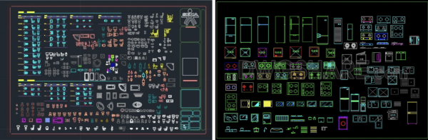 Слева — санузел, справа — шаблон кухонной мебели. Например, рисуешь дверь один раз, сохраняешь как блок в файл, а потом вставляешь эту фигуру в любой чертёж, не перерисовывая заново. Так ускоряли работу. То, что на кульмане занимало неделю, в AutoCAD делается за два дня