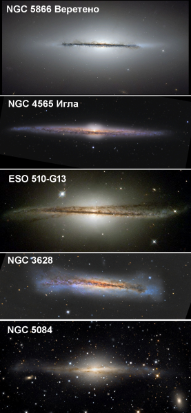 Рис. 16. Примеры галактик, наблюдаемых с ребра. Рис. 16. Примеры галактик, наблюдаемых с ребра.