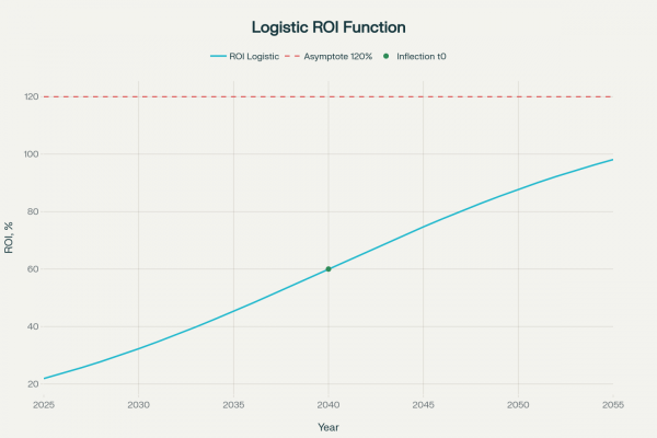 График иллюстрирует S-образный (логистический) сценарий роста от 2025 до 2055 года:  быстрый старт в начале технологического цикла, затем замедление по мере приближения  к естественному пределу эффективности.