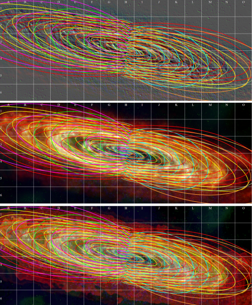 Рис. 19. Галактика M31. Наложены модели пяти спиралей группы Z. Рис. 19. Галактика M31. Наложены модели пяти спиралей группы Z.