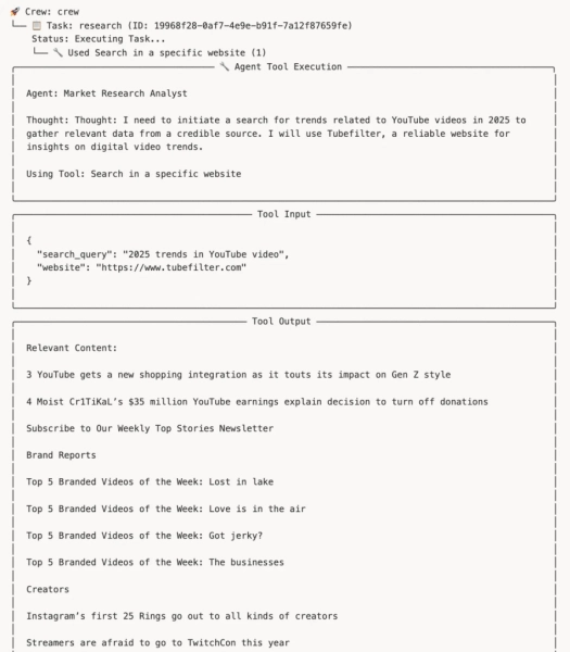 Как создать собственную систему агентного ИИ с помощью CrewAI 5 Пример выходных данных инструмента агентного ИИ