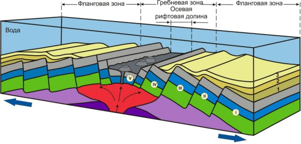 Схема раздвижения коры при внедрении в неё мантийного вещества в срединно-океаническом хребте. Схема раздвижения коры при внедрении в неё мантийного вещества в срединно-океаническом хребте.