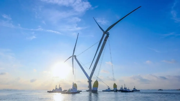 Платформа OceanX с двумя ветряками, диаметр лопастей 290 м