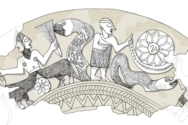 Сцена изображает космический порядок, возникающий из хаоса, с фигурами, похожими на змей и божеств (фото: Музей Израиля, Иерусалим, Флорика Вайнер).