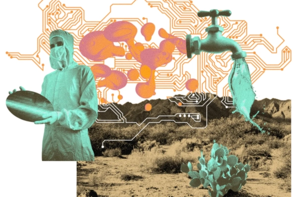 Новая Кремниевая долина (в буквальном смысле) 3 На рисунке изображен человек в средстве индивидуальной защиты, держащий диск, и струя воды на фоне пустыни.