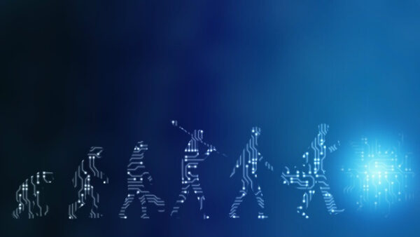 Эволюция человека к цифровой форме на светло-синем фоне.