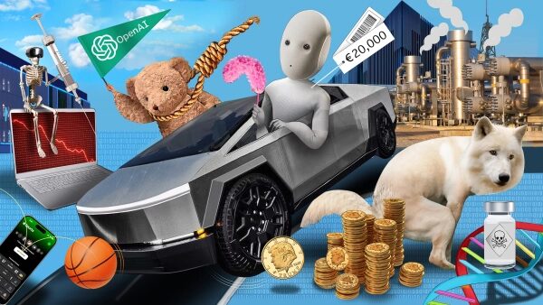 Футуристичная машина, монеты, робот, завод, волк и символы технологий на одном изображении.