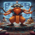 Робот гуру проводит лекцию для людей в футуристическом зале, окружённый светящимися символами.