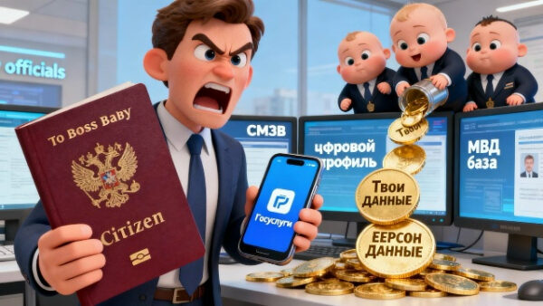 Мультяшный персонаж с паспортом и телефоном среди офисной обстановки, данные и монеты.