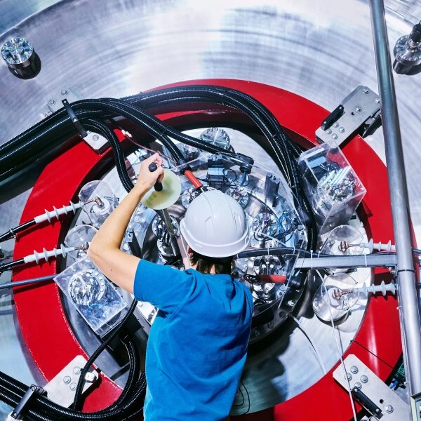 Инженер в каске работает с высокотехнологичным оборудованием в лаборатории.