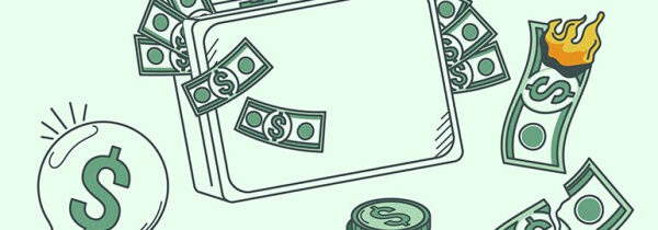 Деньги из кошелька, горящая купюра, символы доллара, концепция расходов.