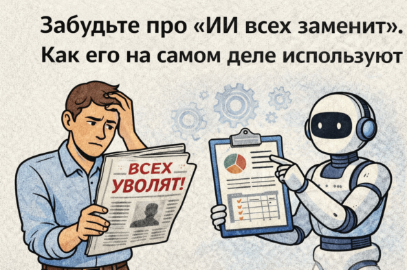 Человек с газетой о потерях работы, робот с графиками, заголовок про использование ИИ.
