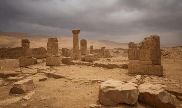 Древние каменные руины в пустыне под облачным небом, загадочное историческое место.