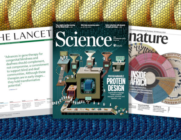 Обложки журналов Science, Nature и The Lancet на фоне цветного узора.