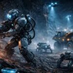 Роботы исследуют пещеру с техникой и дронами, футуристический подземный мир.