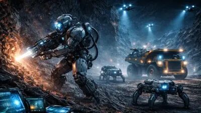 Роботы исследуют пещеру с техникой и дронами, футуристический подземный мир.