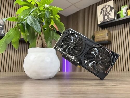 Видеокарта на столе рядом с растением в горшке, деревянная стена на заднем плане.