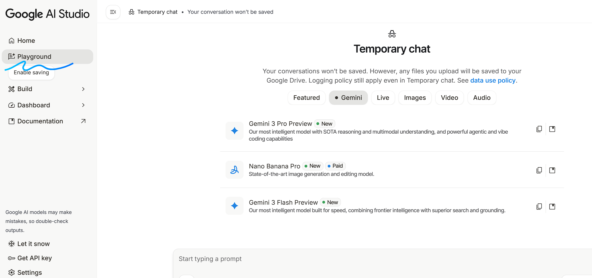 Скриншот интерфейса Google AI Studio с выбором моделей Gemini и Nano Banana.