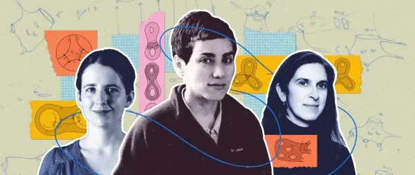 Год в математике 3 Коллаж из трех женщин, окруженных математическими фигурами и геометрическими формами.