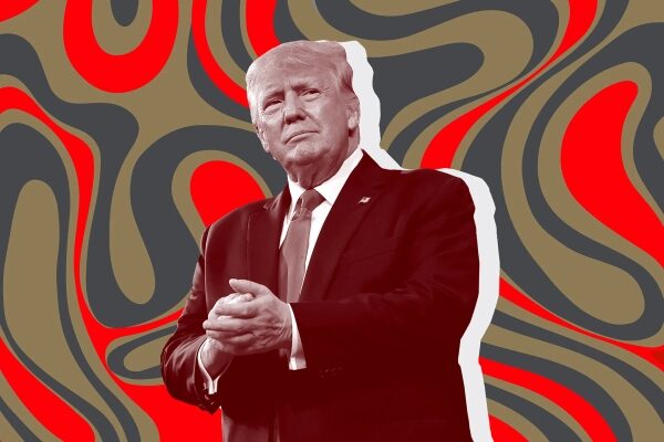 Человек в деловом костюме на фоне абстрактных узоров красного и серого цветов.