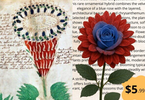 Старинное изображение цветка и современный бланк с цветком и ценой $5.99.