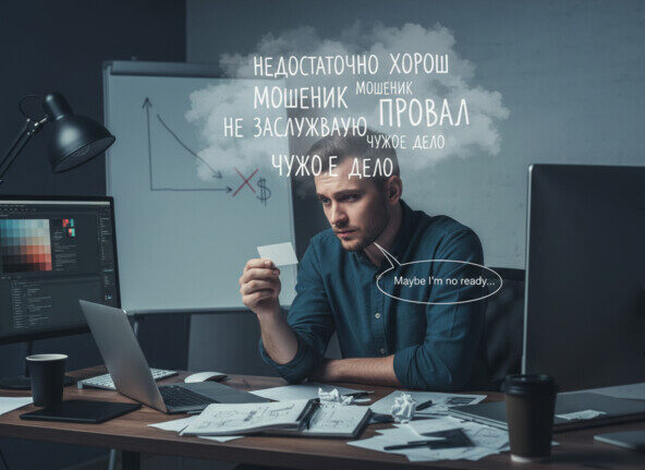 Офисная среда с рабочим столом, графиками и надписями о неуверенности и провале.