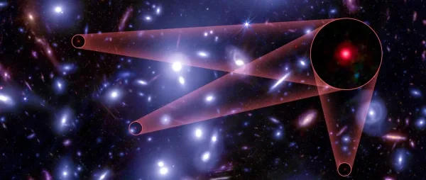 Год в физике 3 В поле крупных белых галактик скрываются три крошечные красные точки.