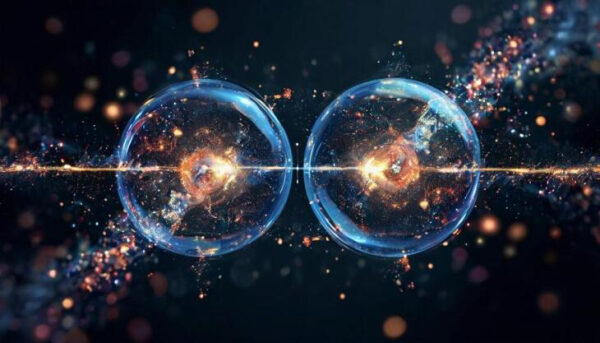 Две абстрактные сферы в космосе, соединенные светом, вселенная, частицы.