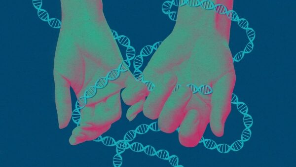 Руки, связанные цепью из ДНК на фоне, символизируют генетическую связь или наследственность.