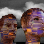 Цифровые лица на фоне заводских дымов, технологии и экология.