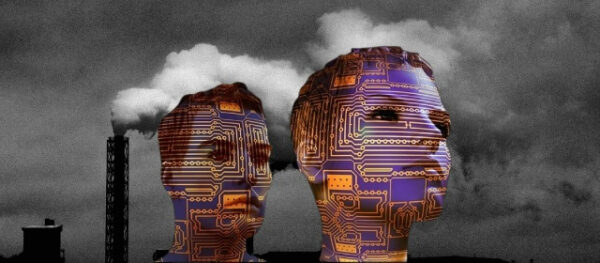 Цифровые лица на фоне заводских дымов, технологии и экология.