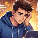 Человек в синем худи работает за ноутбуком, окруженный документами и символами опасности.