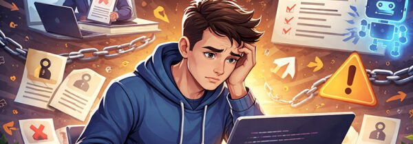 Человек в синем худи работает за ноутбуком, окруженный документами и символами опасности.