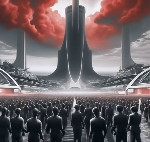 Футуристическая сцена, толпа людей перед футуристическим зданием и красными облаками.