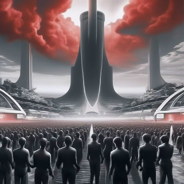 Сегодня я задал вопрос другому ИИ - Gemini от Гугл: 3 Футуристическая сцена, толпа людей перед футуристическим зданием и красными облаками.