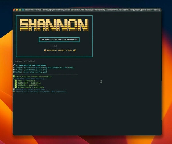 Экран AI-фреймворка для тестирования уязвимостей, конфигурация загружена успешно.