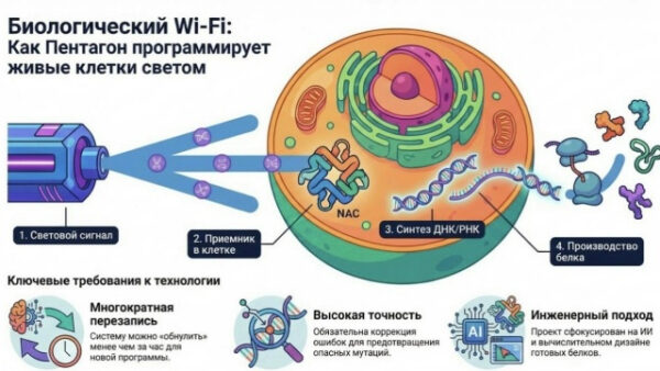 Схема биологического Wi-Fi: программирование клеток светом, процесс изменения ДНК и РНК.