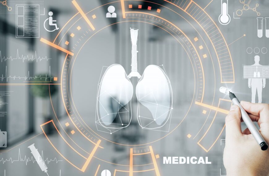 Футуристическое изображение легких с медицинскими данными и диаграммами.