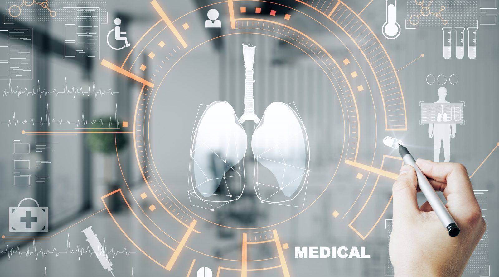 Футуристическое изображение легких с медицинскими данными и диаграммами.