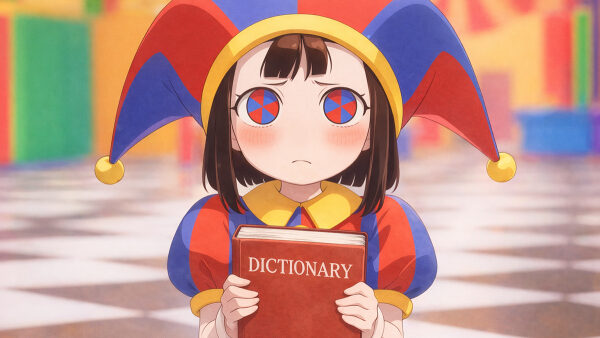 Девочка в шутовском костюме с книгой "Словарь" в руках.